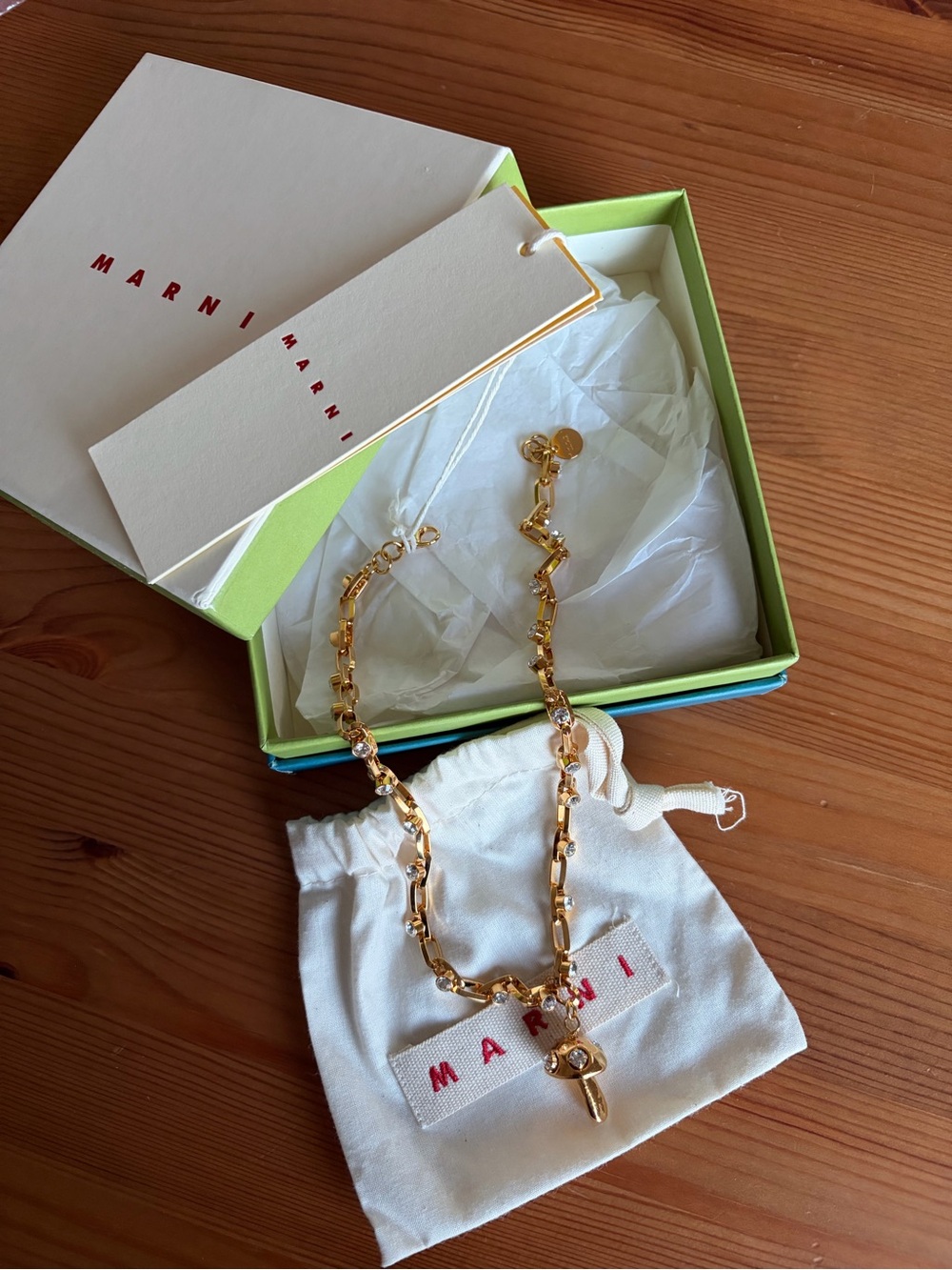 New with Tags NWT Marni Gold Tone Mushroom Pendant Crystal Link Necklace